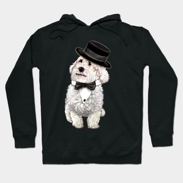 cavalier king charles spaniel fancy dress 2022 best gifts for dog lovers,  white Cavapoo Cavoodle in formal wear bow tie and top hat Hoodie by Artonmytee